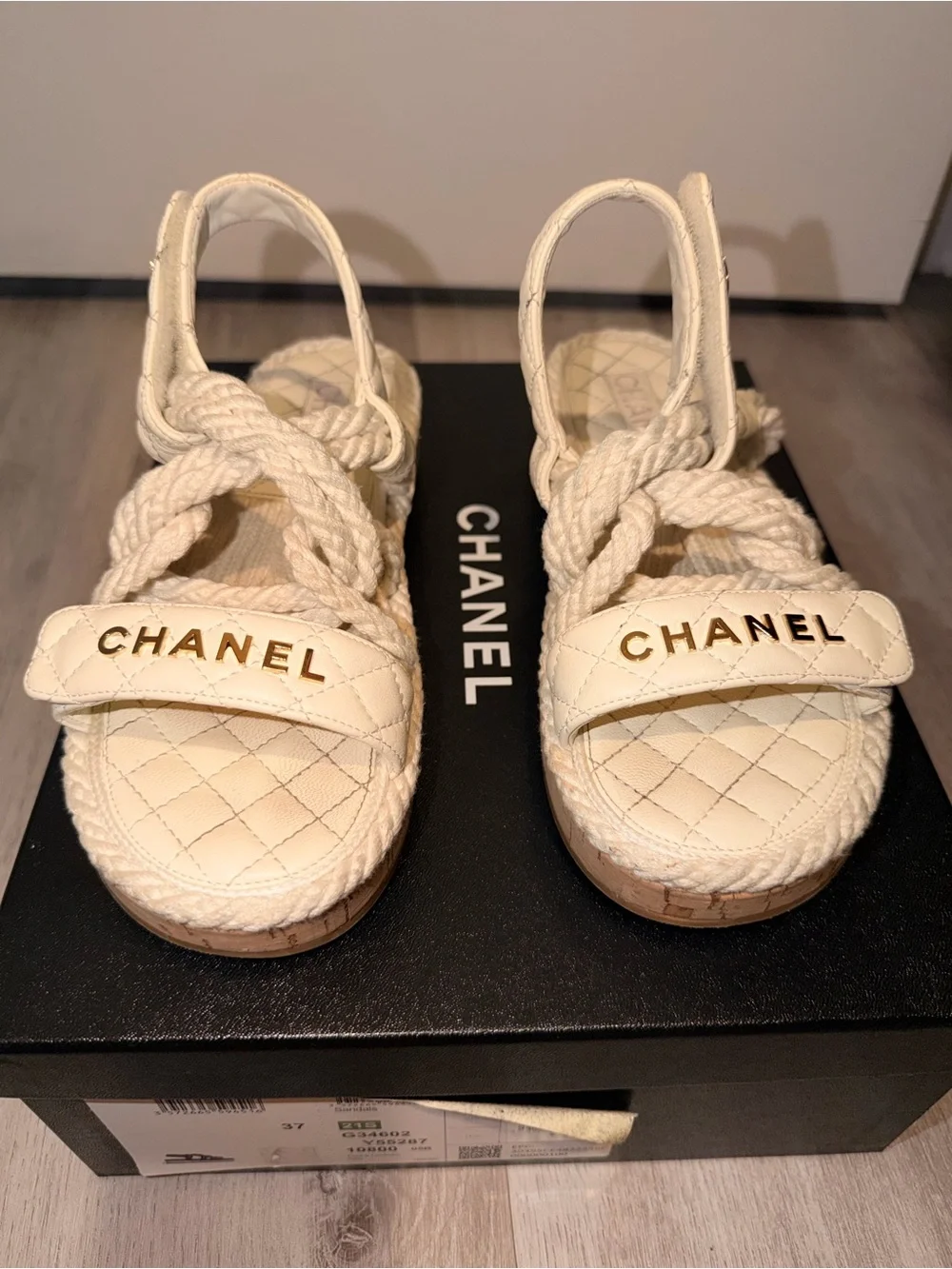 CHANEL Ivory Quilted Rope Platform Espadrille Sandals